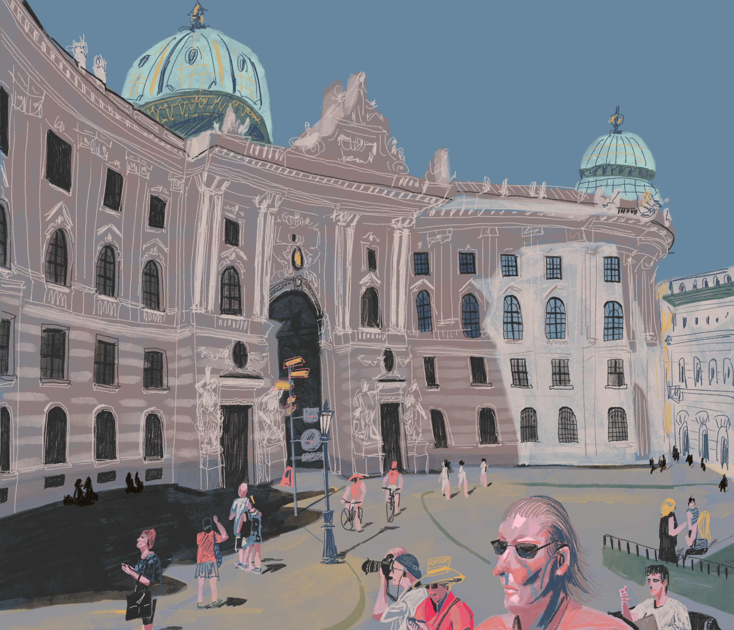 photograph of people walking around